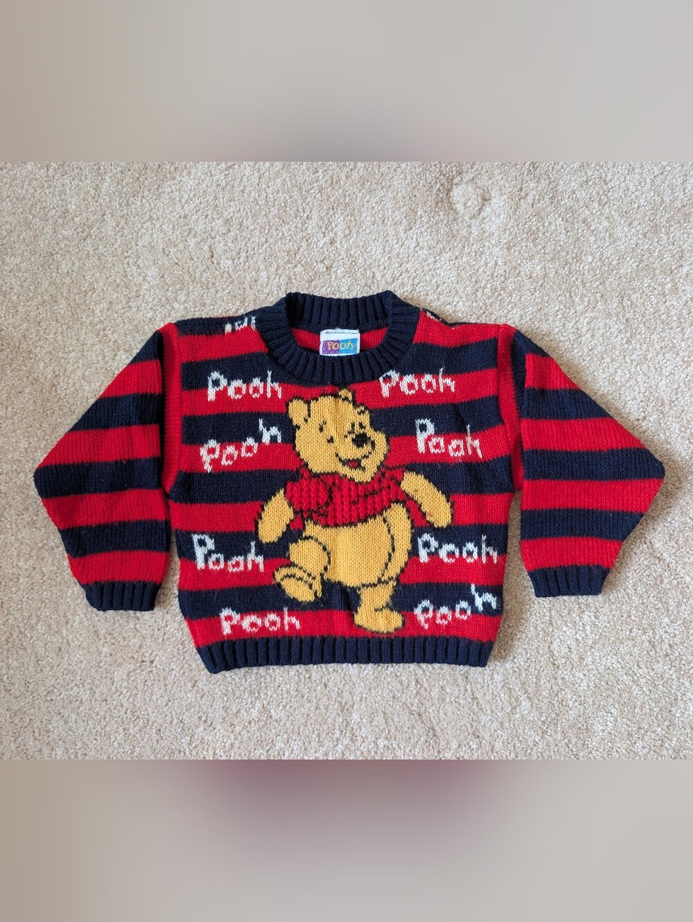Vintage 90s Winnie The Pooh Disney Red Blue Striped Knitted Sweater